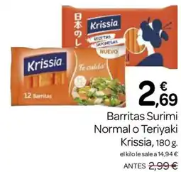Supermercados El Jamón KRISSIA Barritas Surimi Normal o Teriyaki oferta
