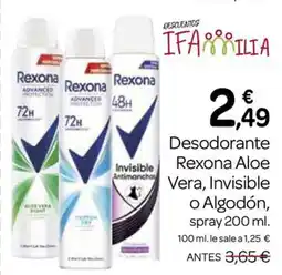 Supermercados El Jamón Desodorante Rexona Aloe Vera Invisible o Algodón, spray oferta