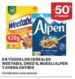 Hipercor En todos los cereales weetabix, oreo's, muesli alpen y avena oatibix oferta