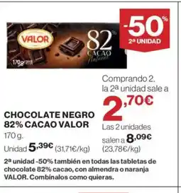 Hipercor VALOR Chocolate negro 82% cacao oferta