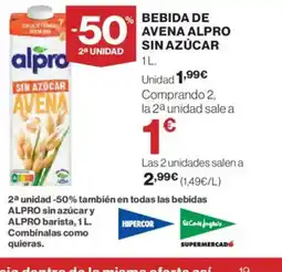 Hipercor Bebida de avena alpro sin azúcar oferta