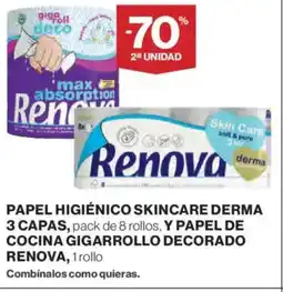 Hipercor RENOVA Papel higiénico skincare derma 3 capas y papel de cocina gigarrollo decorado oferta