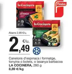 BonpreuEsclat LA COCINERA Canelons d'espinacs i formatge, tonyina o bolets, o lasanya barbacoa oferta