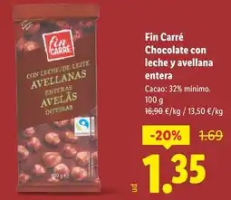 Lidl Fin Carré Chocolate con leche y avellana entera oferta