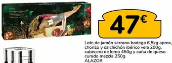 Supeco Lote de jamón serrano bodega, chorizo y salchichón ibérico vela, cabecero de lomo y cuña de queso curado mezcla alazor oferta