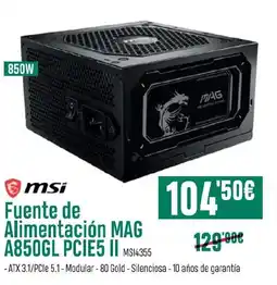 PCBox MSI Fuente de Alimentación MAG A850GL PCIE5 II MS14355 oferta