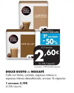 Supermercados Lupa DOLCE GUSTO de NESCAFÉ Café con leche, cortado, espresso intenso o espresso intenso descafeinado, envase 16 cápsulas oferta
