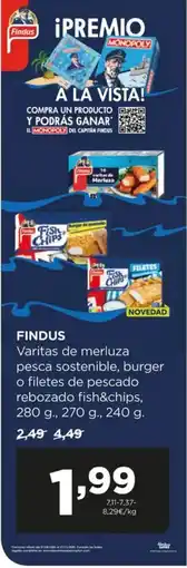 Alimerka FINDUS Varitas de merluza pesca sostenible, burger o filetes de pescado rebozado fish&chips oferta