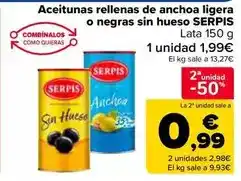Carrefour Market Serpis - aceitunas rellenas de anchoa ligera o negras sin hueso oferta