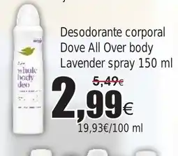 FROIZ Desodorante corporal Dove All Over body Lavender spray oferta
