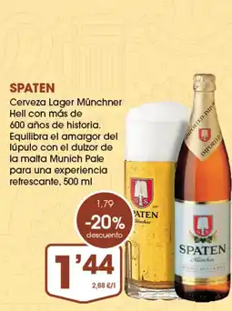 Supermercados Plaza SPATEN Cerveza Lager Münchner Hell con más de 600 años de historia. oferta