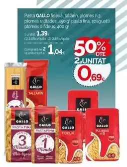 Condis GALLO Pasta fideuà, tallarin, plomes n.3. plomes ratllades,pasta fina, spaguetti. plomes o fideus oferta