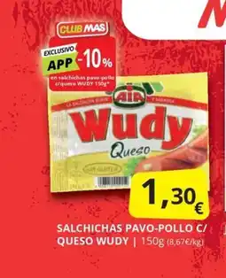 Supermercados MAS WUDY Salchichas pavo-pollo c/ queso oferta