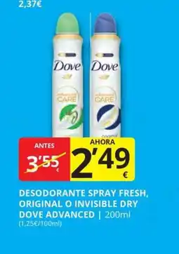 Supermercados MAS DOVE Desodorante spray fresh, original o invisible dry oferta