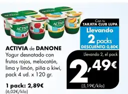 Supermercados Lupa ACTIVIA de DANONE Yogur desnatado con frutos rojos, melocotón, y limón, piña o kiwi oferta