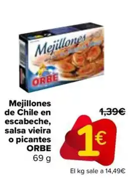 Carrefour ORBE Mejillones de Chile en escabeche, salsa vieira o picantes oferta