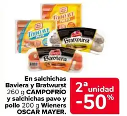 Carrefour CAMPOFRÍO En salchichas Bratwurst Baviera y Bratwurst y salchichas pavo y pollo Wieners oferta