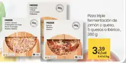Eroski Pizza triple fermentación de jamón y queso, 5 quesos o ibérica oferta