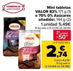 Carrefour VALOR Mini tabletas 82% o 70% 0% Azúcares añadidos oferta