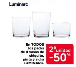 Carrefour LUMINARC En todos los de 4 vasos de chiquito, pinta y sidra oferta
