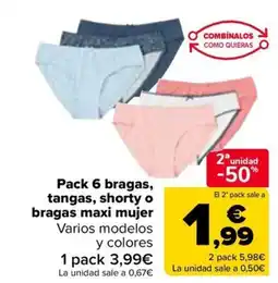 Carrefour Pack 6 bragas, tangas, shorty o bragas maxi mujer oferta