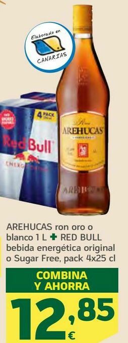 HiperDino Arehucas ron oro o blanco + red bull bebida energética original o sugar free oferta
