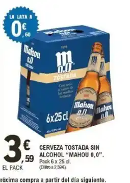 E.Leclerc MAHOU 0,0 Cerveza tostada sin alcohol oferta