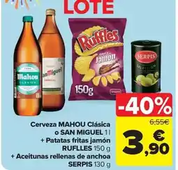 Carrefour Market Cervesa MAHOU Clàssica O SAN MIGUEL + Patates fregides pernil RUFFLES + Olives farcides d'anxova SERPIS oferta