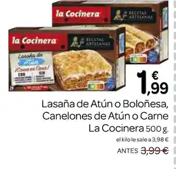 Supermercados El Jamón LA COCINERA Lasaña de Atún o Boloñesa, Canelones de Atún o Carne oferta
