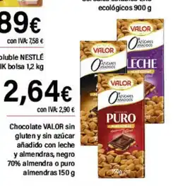 Cash Ifa VALOR Chocolate sin gluten y sin azúcar añadido con leche y almendras, negro 70% almendra o puro oferta