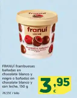 HiperDino FRANUÍ frambuesas bañadas en chocolate blanco y negro o bañadas en chocolate blanco y con leche oferta