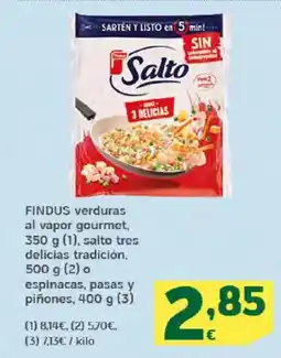 HiperDino FINDUS verduras al vapor gourmet salto tres delicias tradición o espinacas, pasas y piñones oferta