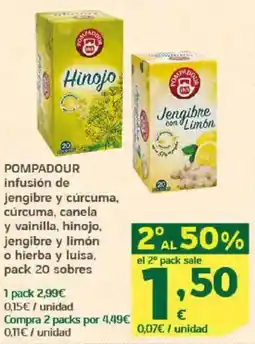 HiperDino POMPADOUR infusión de jengibre y cúrcuma, cúrcuma, canela y vainilla, hinojo, jengibre y limón o hierba y luisa oferta