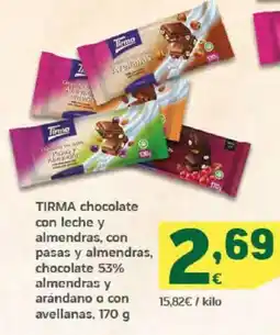 HiperDino TIRMA chocolate con leche y almendras, con pasas y almendras, chocolate 53% almendras y arándano o con avellanas oferta