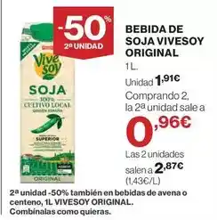 Hipercor Vivesoy - bebida de soja original oferta