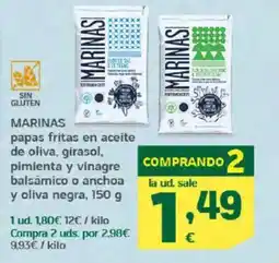 HiperDino MARINAS papas fritas en aceite de oliva, girasol, pimienta y vinagre balsámico o anchoa y oliva negra oferta