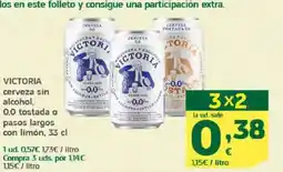 HiperDino VICTORIA cerveza sin alcohol, 0,0 tostada o pasos largos con limón oferta
