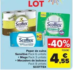 Carrefour Market SCOTTEX Paper de cuina Sensitive Pack 6 unitats + Mega Pack 3 unitats + Mocadors de butxaca oferta