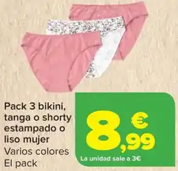 Carrefour Pack 3 bikini, tanga o shorty estampado o liso mujer oferta