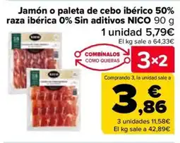 Carrefour NICO Jamón o paleta de cebo ibérico 50% raza ibérica 0% Sin aditivos oferta