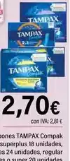 Cash Ifa TAMPAX Tampones compak superplus 18 unidades, lites regular o super oferta