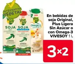 Carrefour VIVESOY En bebidas de soja Original, Plus Ligera Sin Azúcar o con Omega-3 oferta