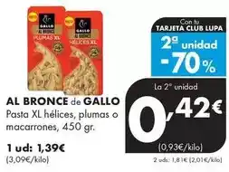 Supermercados Lupa Gallo - al bronce pasta xl helices, plumas o macarrones oferta