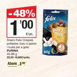 SPAR Fragadis Purina - snack felix crispies pollastre i bou o salmo i truita per a gats oferta