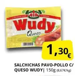 Supermercados MAS Queso Wudy salchichas pavo-pollo c/ oferta