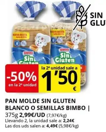 Supermercados MAS BIMBO Pan molde sin gluten blanco o semillas oferta