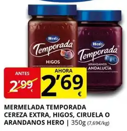 Supermercados MAS HERO Mermelada temporada arandanos andalucía cereza extra, higos, ciruela o arandanos oferta