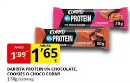 Supermercados MAS CORNY Barrita protein 0% chocolate, cookies o choco oferta