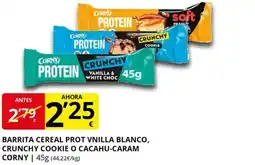 Supermercados MAS CORNY Barrita cereal prot vnilla blanco, crunchy cookie o cacahu-caram oferta