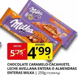Supermercados MAS MILKA Chocolate caramelo-cacahuete, leche avellana entera o almendras enteras oferta